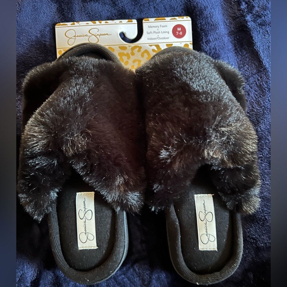 Jessica Simpson Plush Fur Slide Slippers - black 7/8